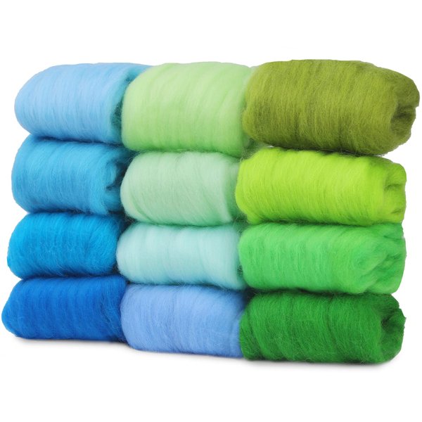 WONVOC Felting Wool, 12 Colors Wool Roving for Needle Felting, 4.23 oz Needle Felting Wool, Wool Roving, Needle Felting Wool Set, Easy to Work, for Needle Felting DIY Wool Crafts, Green