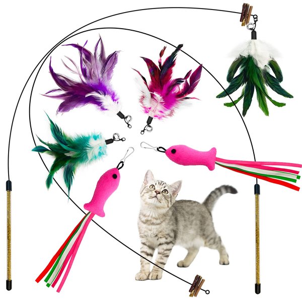 Lepawit Cat Wand Toy, Cat Feather Toys with Silvervine & Bells, 2 * Cat Teaser Wand & 6 * Teaser Refills, Extra Long 38.5" Wire Cat Wand, Cat Toy for Indoor Cats & Kitten & Kitty