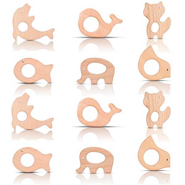 IoF 12 Pcs Teething Toys for Babies, Natural Wooden Teething Rings Baby Teether Chew Toys for Infant Toddler Teethers Crackers Animal Set Pain Relief Handmade Hanging Ring Set Toy