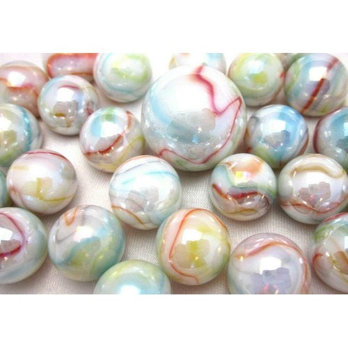 Big Game Toys~25 Glass Marbles Unicorn Opalescent White/Blue/Red/Green/Yellow Swirl Classic Style Game Pack (24 Player, 1 Shooter) Decor/Vase Filler/Aquarium