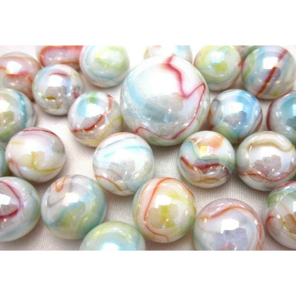 Big Game Toys~25 Glass Marbles Unicorn Opalescent White/Blue/Red/Green/Yellow Swirl Classic Style Game Pack (24 Player, 1 Shooter) Decor/Vase Filler/Aquarium