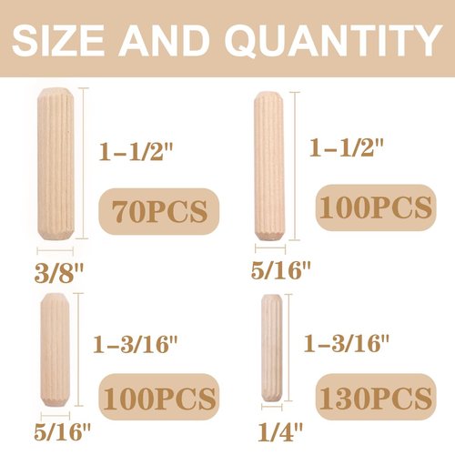 smseace 400PCS Straight Groove Wooden Dowel Pins with Tapered End with Bevel Angle, 1/4 "5/16" 3/8 "(6mm, 8mm, 10mm) Wooden Dowel Pins, Used for Crafts, Furniture, DIY Manual, Etc.MD-4S-400P
