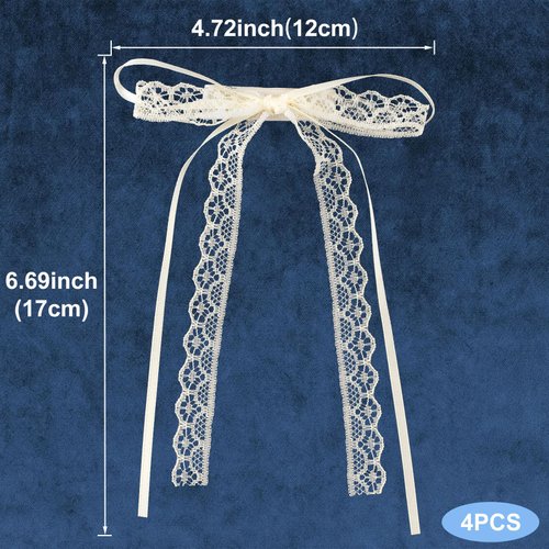 HINZIC 4PCS Lace Hair Bow Clips, Coquette Bow Barrettes with Long Ribbon Tail, Cute Bowknot Wedding Prom Party Bachelorette Party Bridal Shower Hair Accessories for Women Rapunzel