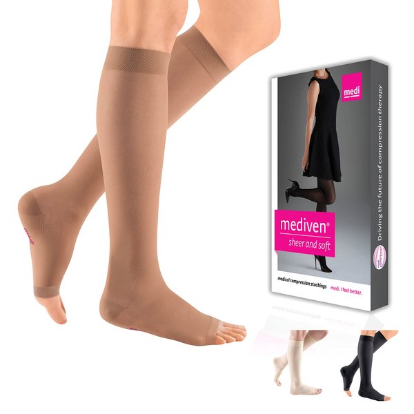 mediven sheer & soft for Women, 20-30 mmHg Calf High Open Toe Compression Stockings, Natural, III-Standard