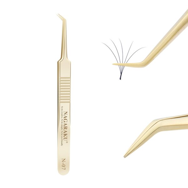 NAGARAKU Tweezers for Eyelash Extensions Gold Curved Angled Volume Cluster Super Light Weight Easy Fanning Tweezers Stainless Steel Precision (N-07)
