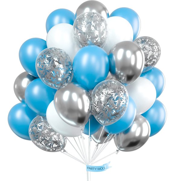PartyWoo Blue Balloons, 60 pcs Light Blue Balloons, White Balloons, Silver Confetti Balloons, Silver Metallic Balloons, Blue and White Balloons, Birthday Party Decorations, Party Supplies, Baby Shower