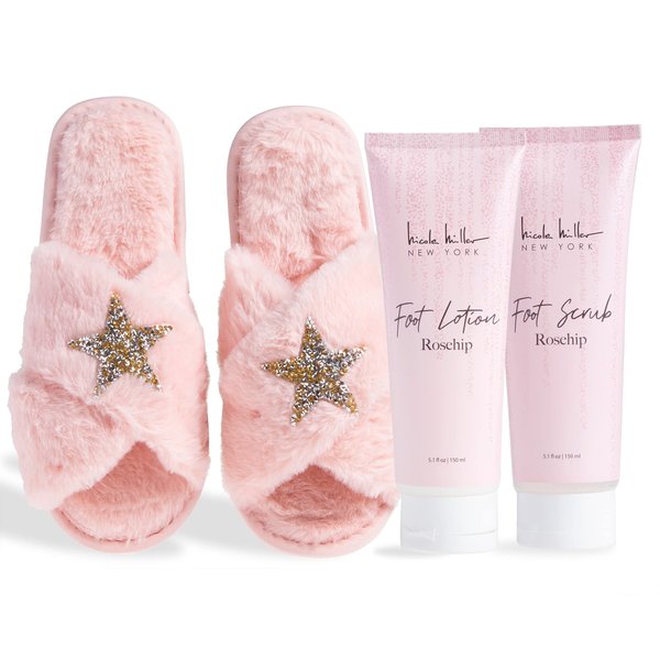 Nicole Miller Bath and Body Set with Slippers, Foot Scrub, and Lotion (Rosehip)