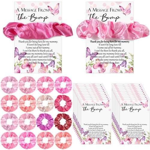 Yinkin 50 Sets Butterfly Baby Shower Favors for Girl, Include 50 Pink Hair Ties Pink Scrunchies 50 Butterfly Thank You Cards a Message from the Bump Baby Shower Sign Baby Shower Souvenirs for Guests