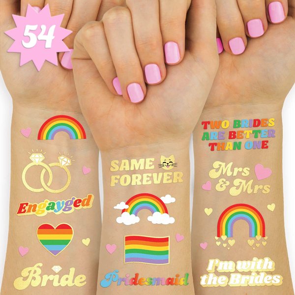 xo, Fetti Bride Pride Bachelorette Temporary Tattoos - 54 Glitter Styles | Mrs and Mrs Bach Party Decoration, Pridesmaid Favor, Bride to Be Gift + LGBTQ Rainbow Bridal Shower
