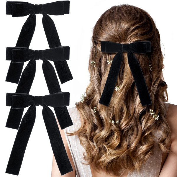 HINZIC 3Pcs 4.72inch Velvet Hair Bow Clips Black Hair Bows Hair Ribbons Valentines Back to School Wedding Prom Gift Hair Styling Accessories for Women Girls Teens Thin Hair