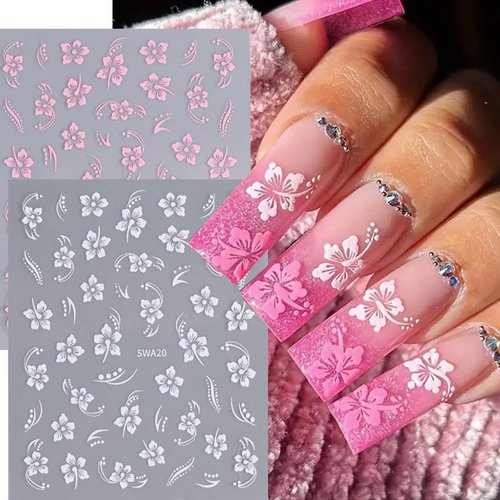 8PCS Hibiscus Flower Nail Art Stickers Summer Flowers Nail Decals Hot Pink Yellow White Pink 3D Self-Adhesive Hawaiian Hibiscus Flower Nail Art Designs Supplies for Women Girls Nail Art Decorations