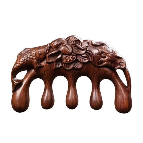 Qishing 100% Natural Handmade Pure wood Five-tooth meridians comb portable gold wire sandalwood comb wide tooth head scalp meridians scraping massage comb Wooden Comb for Men and Women (Lotus Fish)
