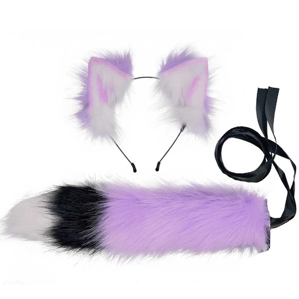 VIGVAN Cat Ears Wolf Fox Ears Animal Cosplay Cute Head Accessories for Halloween (Purple Black Ear Tail)