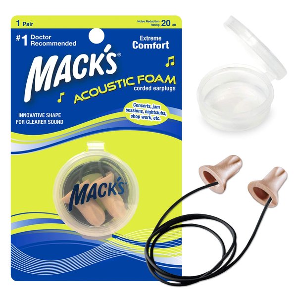 Mack’s Acoustic Foam Earplugs, 1 Pair Corded with Travel Case – Soft, Comfortable Ear Plugs for Concerts, Jam Sessions, Nightclubs and Loud Events