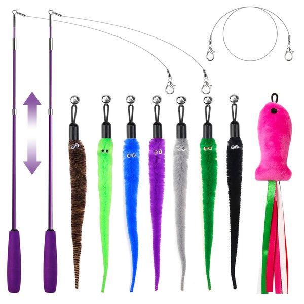 11PCS Cat Wand Toy, Cat Toys Interactive for Indoor Cats, 2 Retractable Cat Wand, 7 Worm Cat Teaser Toys and 1 Plush Fish Cat Toy, Cat Feather Toys for Play Chase Exercise with Kitten, Extra 1 Line