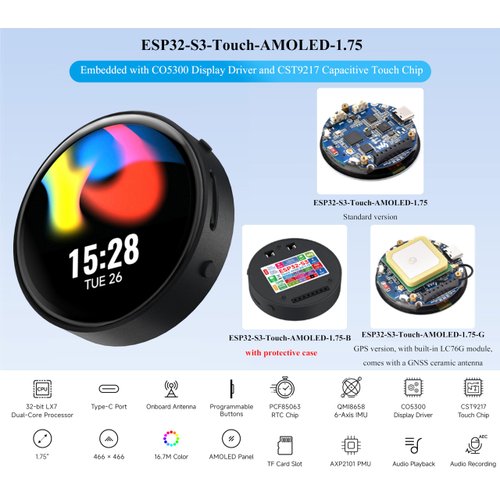 ESP32-S3 with 1.75inch AMOLED Round Touch Display Development Board, 466x466, QSPI Interface, Onboard Dual Digital Microphone Array, Support AI Speech Interaction, with 8Ω 2W Speaker and Case