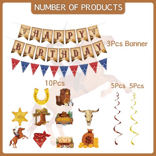 Gameza Cowboy Birthday Party Decorations - Cool Western Party Decorations Western Happy Birthday Banners Cowboy Hanging Swirls Supplies Cowboy Themed Party Decor Cow Rodeo Birthday Party Decorations