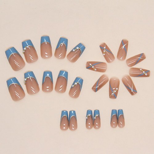 Blue French Press on Nails Medium with Pearl Design Cute Ballet Shaped False Nails Artificial Acrylic Coffin Nails Full Cover Reusable Fake Nails Nature Fit Stick on Nails Glue on Nails for Women
