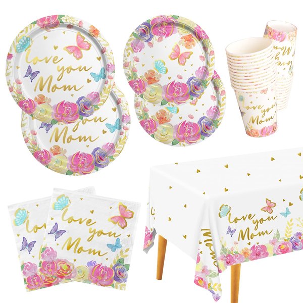 Mother's Day Party Supplies, Serve 25, Happy Mother's Day Pack Includes: Paper Dinner Plates, Dessert Plates, Luncheon Napkins, Cups and Tablecloth for Happy Mother's Day Decorations