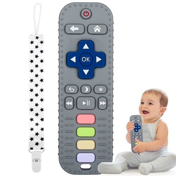 Fu Store Silicone Teething Toys for 0-12 Months 3-24 Months Infant Toddlers Remote Control Shape Teethers for Babies Chew Toys Relief Soothe Babies Gums Set Dishwasher and Refrigerator Safe Gray