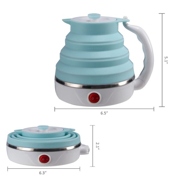 Travel Foldable Electric Kettle, Collapsible Food Grade Silicone Small Kettle Boiling water,Dual Voltage（600ml,110-220V US Plug） (Blue)