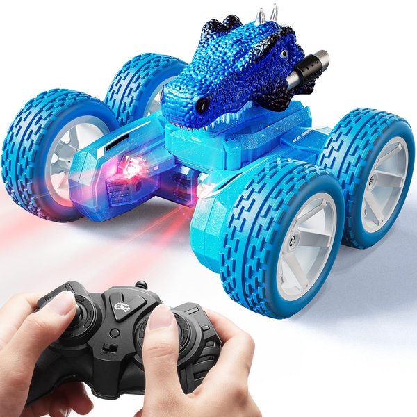 DODOELEPHANT Dinosaur Remote Control Car,Stunt Car with One Key Demo,360°Rotation, Electric Hobby RC Car Toys Tyrannosaurus for 3 4 5 6 7 8 Year olds Kids Boys Girls-Blue