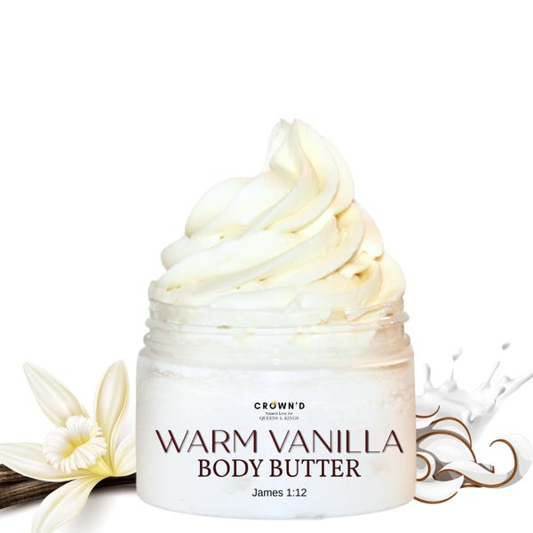 CROWN'D Nourishing Body Butter | Whipped Shea Butter Moisturizer - For Dry Skin, Eczema, Stretch Marks, Hydrating, and Healing - 4 Fragrances (Warm Vanilla)