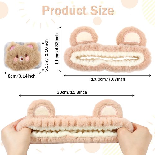 WLLHYF 3 Pieces Face Wash Headband and Wristband Set, Cute Bear Ears Spa Headband Makeup Skincare Hair Band Towels Wrist Bands Facial Head Wraps Wrist Scrunchies for Women Girls