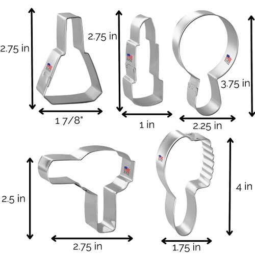Foose Brand Diva Cookie Cutters 5 Piece Set - 2.75" Nail Polish, 3.75" Mirror, 2.75" Hair Dryer, 2.75" Lipstick, 4" Hair Brush, USA