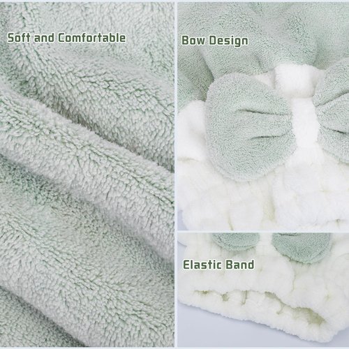 Unaone 2 Pack Microfiber Hair Drying Towels, Super Absorbent Turban Hair Towel Cap, Quick Dry Head wrap with Bow-Knot Shower Cap for for Curly, Long, Thick Hair & Wet Hair (Light Green & Light Purple)