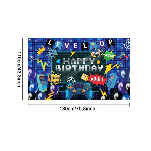 Mocsicka Video Game Birthday Backdrop Banner Game on Happy Birthday Party Decorations Banner Level up Theme Party Wall Decorations Supplies (Blue, 70.8x43.3 inch)
