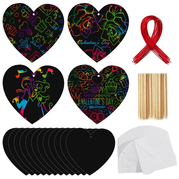 JOYIN 24 Packs Valentines Day Cards with Scratch Heart Scratch Paper Magic Color Scratch Heart Rainbow Cards for Kids Valentine Crafts & Art Classroom Exchange, Valentine's Party Favors