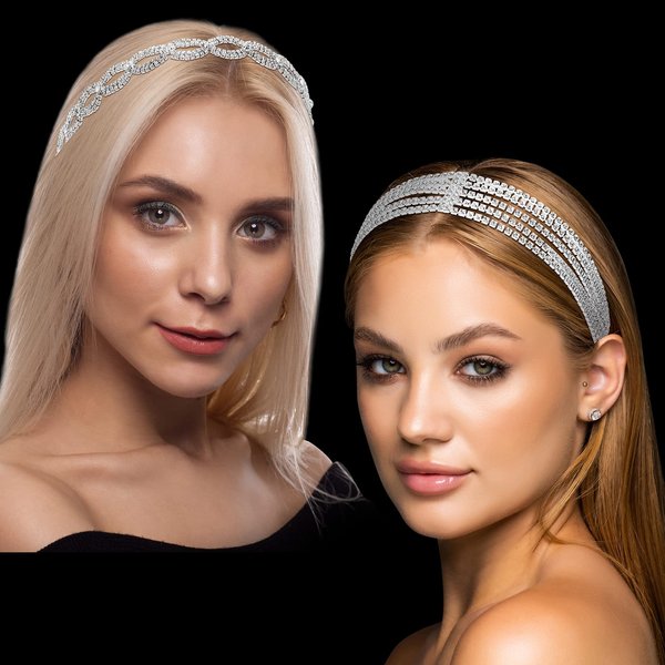 2 Pcs Women Rhinestones Headband Crystal Head Chain Elastic Headband Adjustable Rhinestone Bridal Headpieces Silver Headband Stretch Bridal Head Jewelry Hairbands Accessories for Women Wedding Pageant
