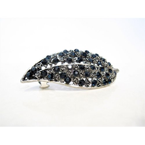 Blue and silver flower and leaf crystal hair clip barrette bridal hair clip