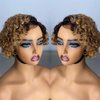 Iianaebeh Short Curly Human Hair Wigs for Black Women, Side Part Wig, Pixie Cut Brazilian Remy Human Hair, Deep Curly None Lace Front Ombre Blonde Wigs (T30)