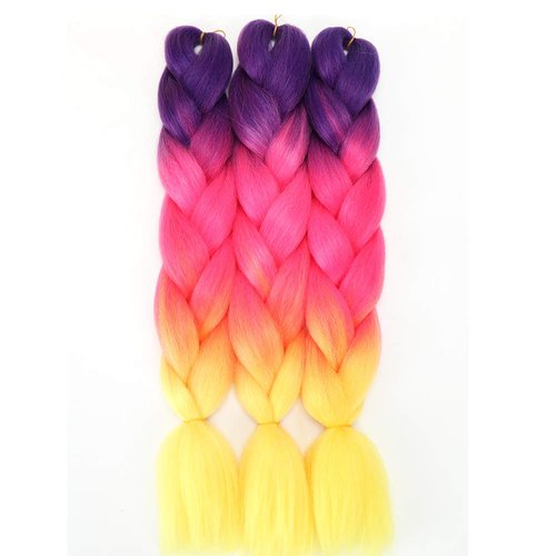 Imierfa Rainbow Braiding Hair Extensions, Kanekalon Braiding Hair Feed in Hair for Braids Braiding Crochet Hair Extension 3 Tone Color Synthetic Hair Bundles (Purple-Red Pink-Yellow 24" 3PCS)