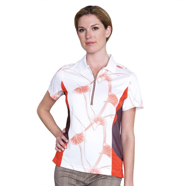 Monterey Club Women's Tri Pedal Print Block Polo Shirt #2514 (White/FireBrick, Medium)