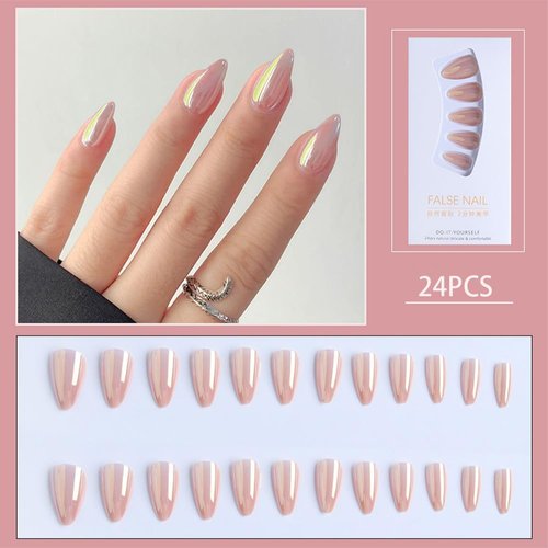 Almond Press on Nails Short Round Fake Nails Glossy False Nails with Electroplated Aurora Press ons Designs Acrylic Nails Press on Artificial Nails Stick on Nails For Women Girls 24Pcs