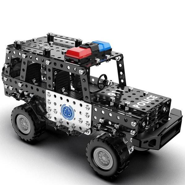 Jixin Xyzhi Police Car STEM Erector Set Building Kit for Kids Age 8-16, Metal Assembly Model Kit Toys for Boys and Model Fan, Police Car with Inertial Driving
