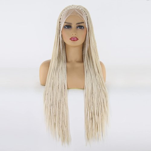 BTWTRY Platinum Blonde Braided Synthetic Lace Front Wigs for Black Women Heat Resistant Fiber Hair Micro Braided Hair Box Braids Wig African American Hair (24inch, #60 Color)