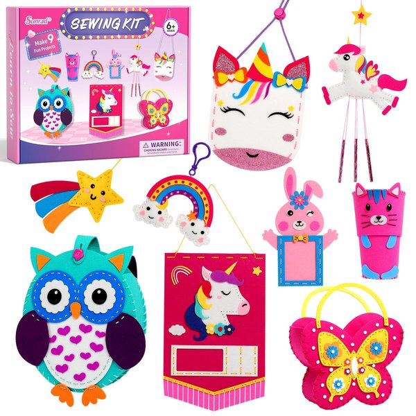 Sunrad Sewing Kit for Kids Beginner Arts and Crafts, Make 9 Easy DIY Projects, Unicorn & Animal Felt Craft Educational Toys Learn to Sew, Birthday Christmas Gifts for Girls Kids Age 6-8-10-12+