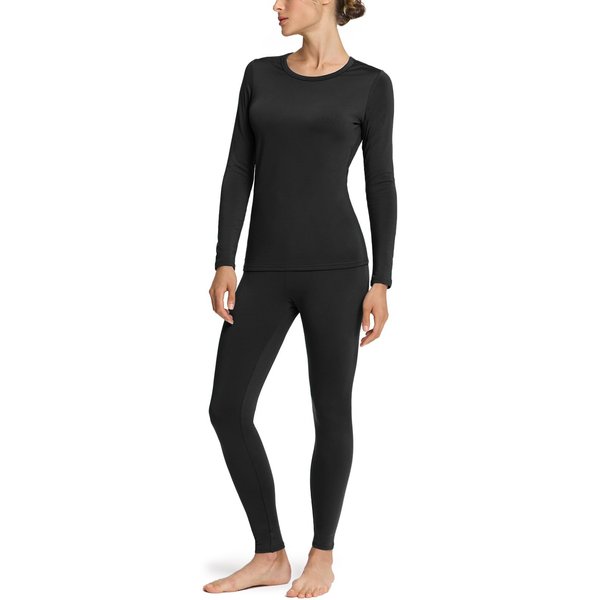 TSLA Women's Thermal Underwear Set, Soft Fleece Lined Long Johns, Winter Warm Base Layer Top & Bottom, Fleece Set Black, Small