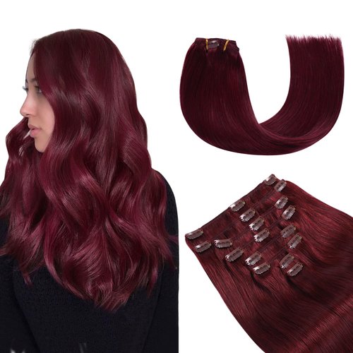 YILITE Clip in Hair Extensions Real Human Hair 8Pcs/Pack 120g Burgundy Straight Thick Invisible Remy Natural Hair Double Weft Clip Extensions for Women (20inches #99J Burgundy）