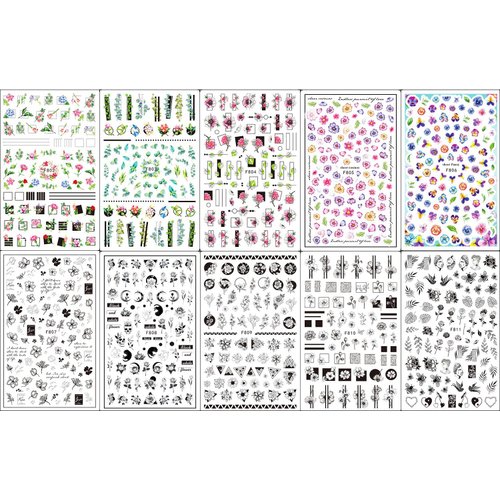10 Sheets Spring Flower Nail Art Stickers Decals Self-Adhesive Pegatinas para Uñas Black White Floral Rose Leaf Design Manicure Tips Nail Decoration for Women Girls