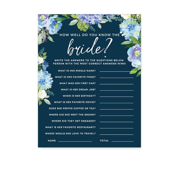 Andaz Press Navy Blue Hydrangea Floral Garden Party Wedding Collection, How Well Do You Know the Bride? Bridal Shower Game Cards, 20-Pack