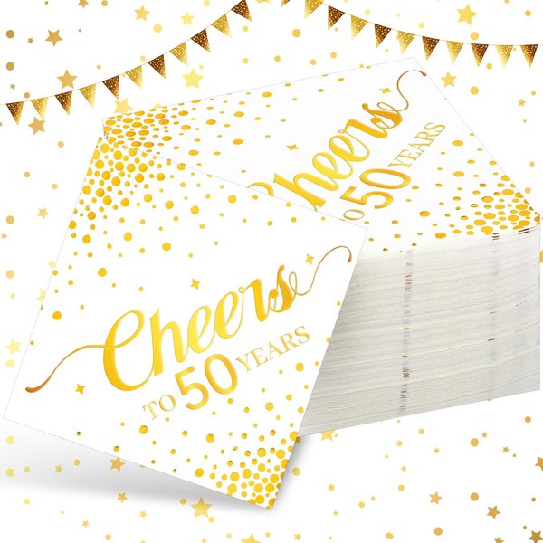 Geelin 180 Pieces Cheers Napkins Gold Cocktail Napkins Beverage Paper Napkins Disposable Bar Napkins for Wedding Reception Anniversary Birthday party Decorations, 5 x 5 Inch(50 Years)