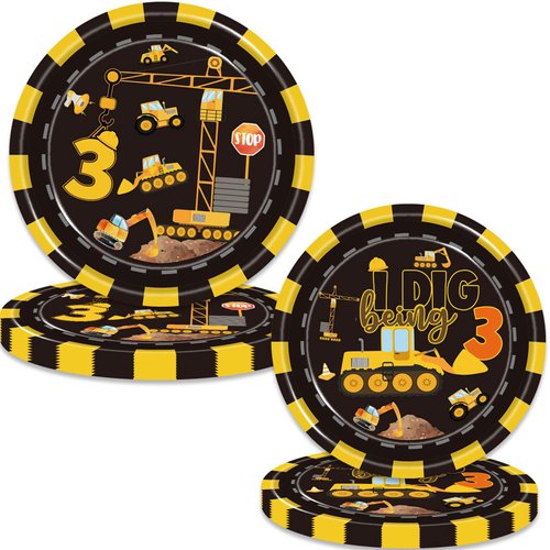 100 Pcs Construction 3rd Birthday Party Supplies Dump Truck Theme Three Decorations Tableware Includes Plates, Cups, Napkins for Boys Construction Three Years Old Birthday Party Decorations Favors