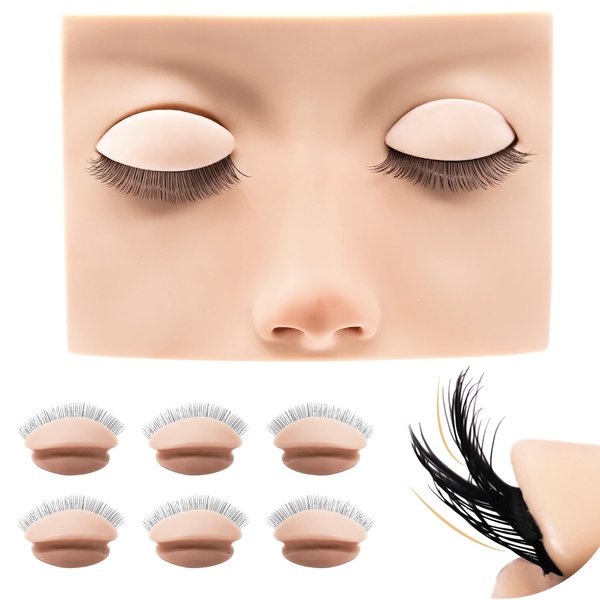 Embagol Double Layer Lash Mannequin Head with 2 Layers Replaced Eyelids Makeup for Training Head Removable Realistic Eyelids Eyelash Replaced Eyelids Soft-Touch Rubbe (1 +3 Pairs Replaced Eyelids)