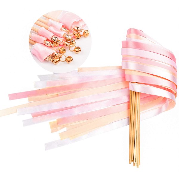 Whaline 30 Pack Ribbon Sticks Chromatic Silk Ribbon with Bells Fairy Stick Wish Wands for Wedding and Valentines Party (Pink)