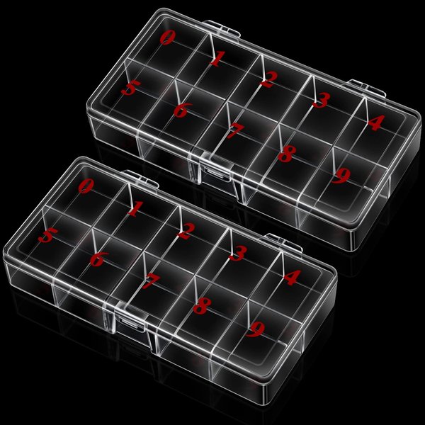 2 Pieces Nail Tip Box False Empty Nail Tips Organizer Storage Box with 10 Number Spaces Storage Case Container Nail Box Plastic Grid Box for Fingernail Crystal, Jewelry, Nail Accessories (Clear)